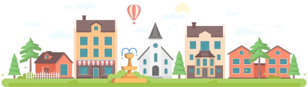 Cityscape with a fountain, modern flat design style vector illustration on white background. Lovely housing complex with small buildings, trees, church, pond with lilies. Clouds, sun, hot air balloon illustration for church management sofware chms blog post.